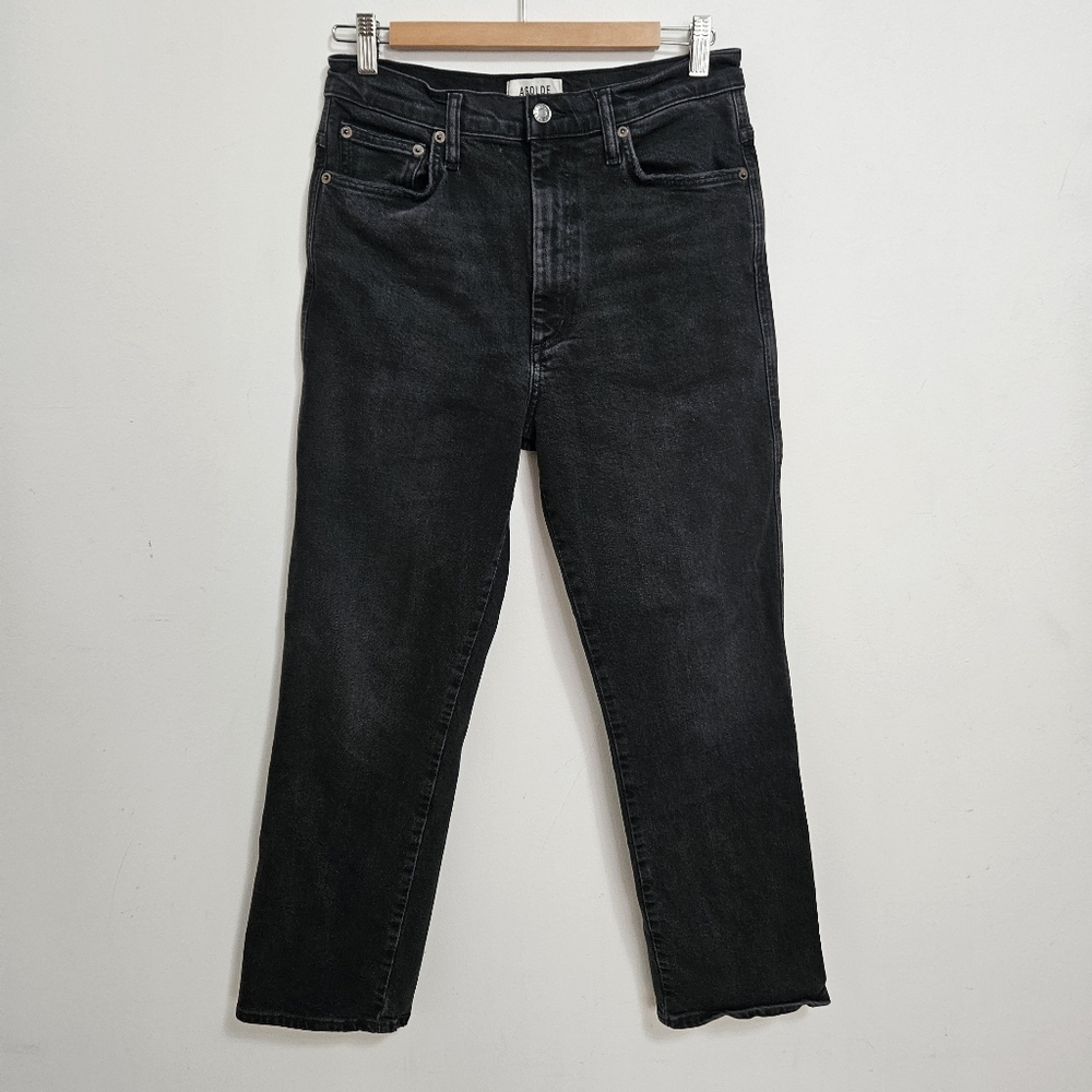 AGOLDE Pinch Waist High Rise Straight Leg Jeans Sz 29 Cropped Leg Black Stretch